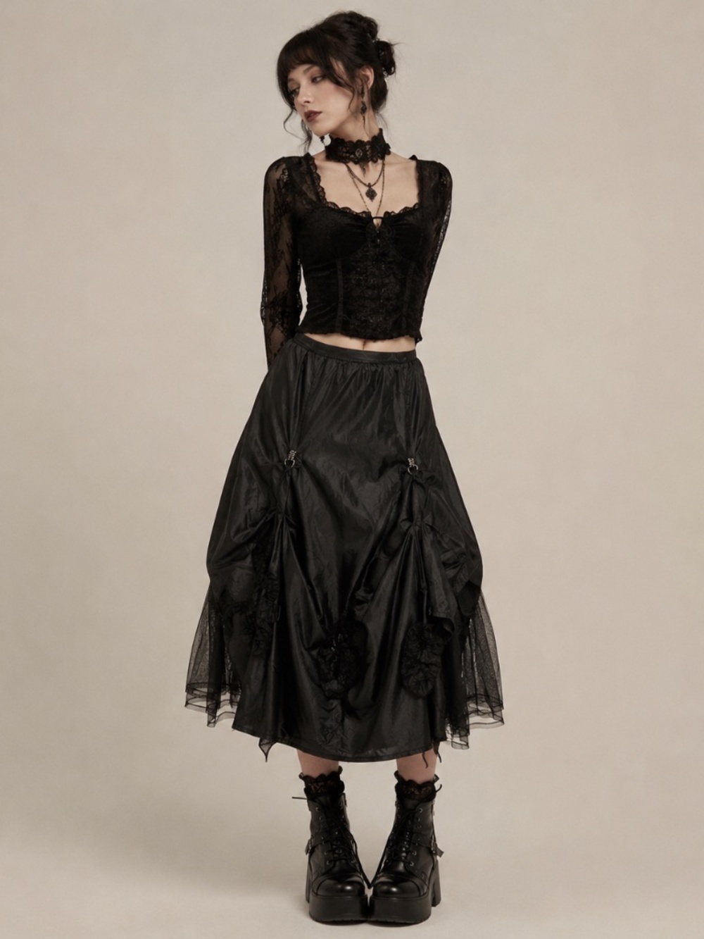 Black Gothic Asymmetrical Bustle Midi Skirt OS Victorian Steampunk Fairy Witchy